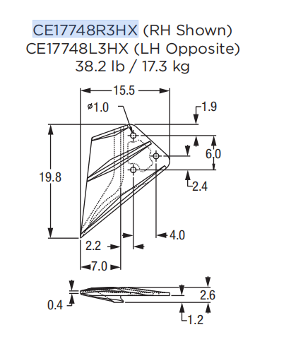 Left Side Cutter CE17748L3HX (Type 3) for Caterpillar Medium Equipment (Pairs with CE17748R3HX)