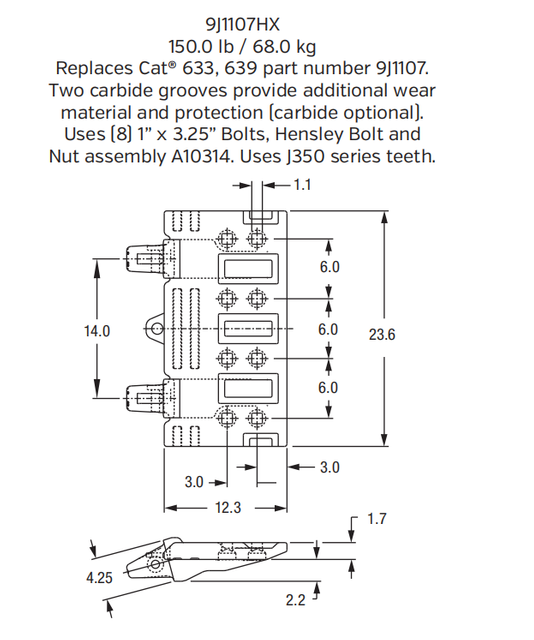 Cast Grader Blade 9J1107HX for Caterpillar 140 / 160 Next Gen Motor Grader
