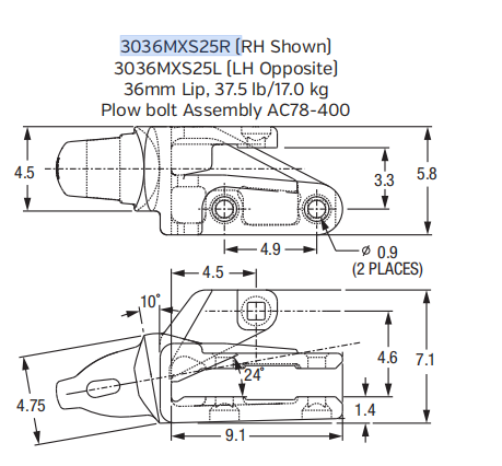3036MXS25L Left Side Shroud Adapter for XS25 Series Bucket Teeth | Specific Fit for Komatsu PC400-8 Excavator