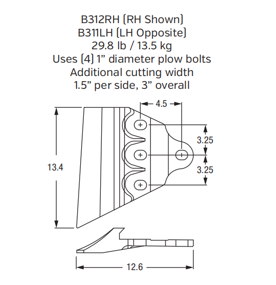 Left Hand Sidecutter B311LH for Wheel Loader and Excavator Buckets (Pairs with B312RH Series)