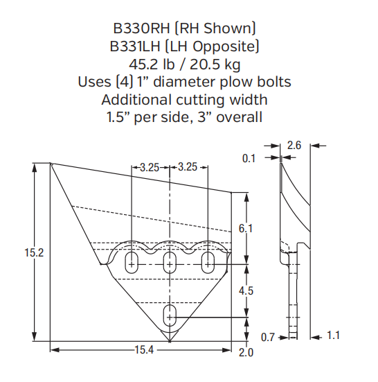 Right Hand Sidecutter B330RH for Large Wheel Loader and Excavator Buckets