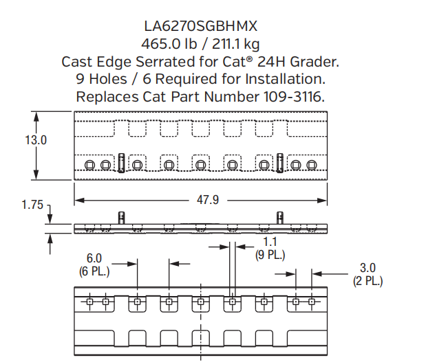 Super / Heavy-Duty Cast Grader Blade LA6270SGBHMX for Volvo G900 / G946
