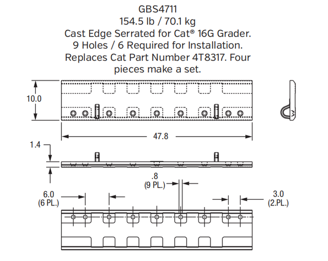 Universal Cast Grader Blade GBS4711 | Fits CAT, Komatsu, John Deere Motor Graders