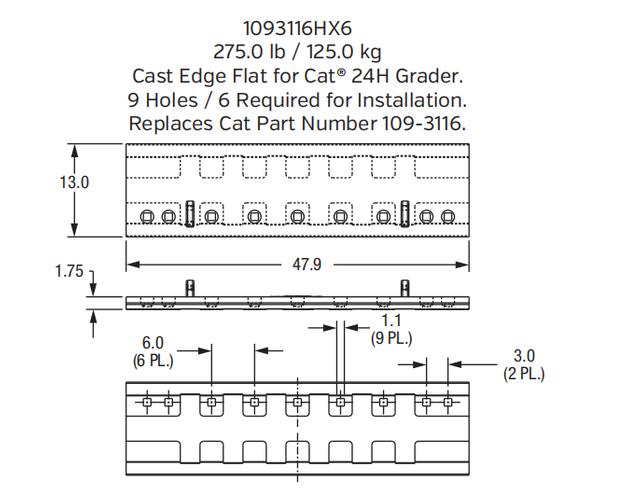Cast Grader Blade 1093116HX6 for John Deere 670G / 672G Motor Grader