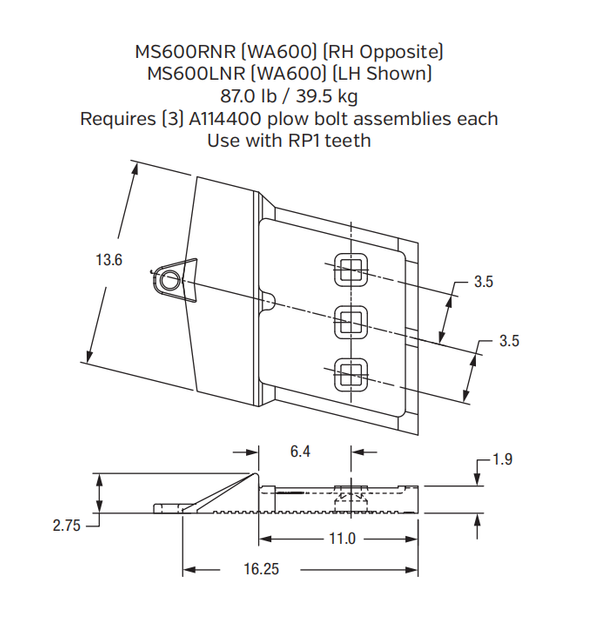 MS60ORNR Bolt-On Right Hand End Segment for Komatsu WA600 Wheel Loader